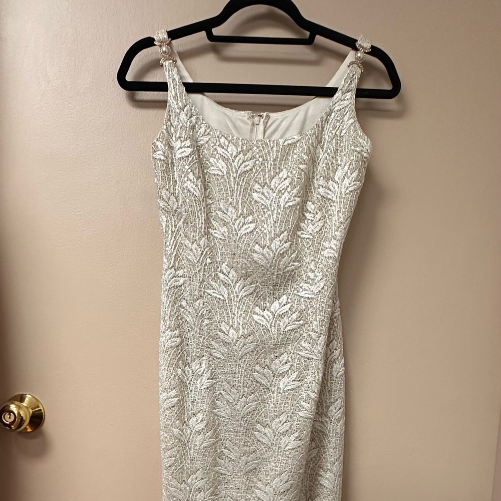 Betsy & Adam Lace Evening Gown Sequin Underlay Gold Strap Detail Formal Dress